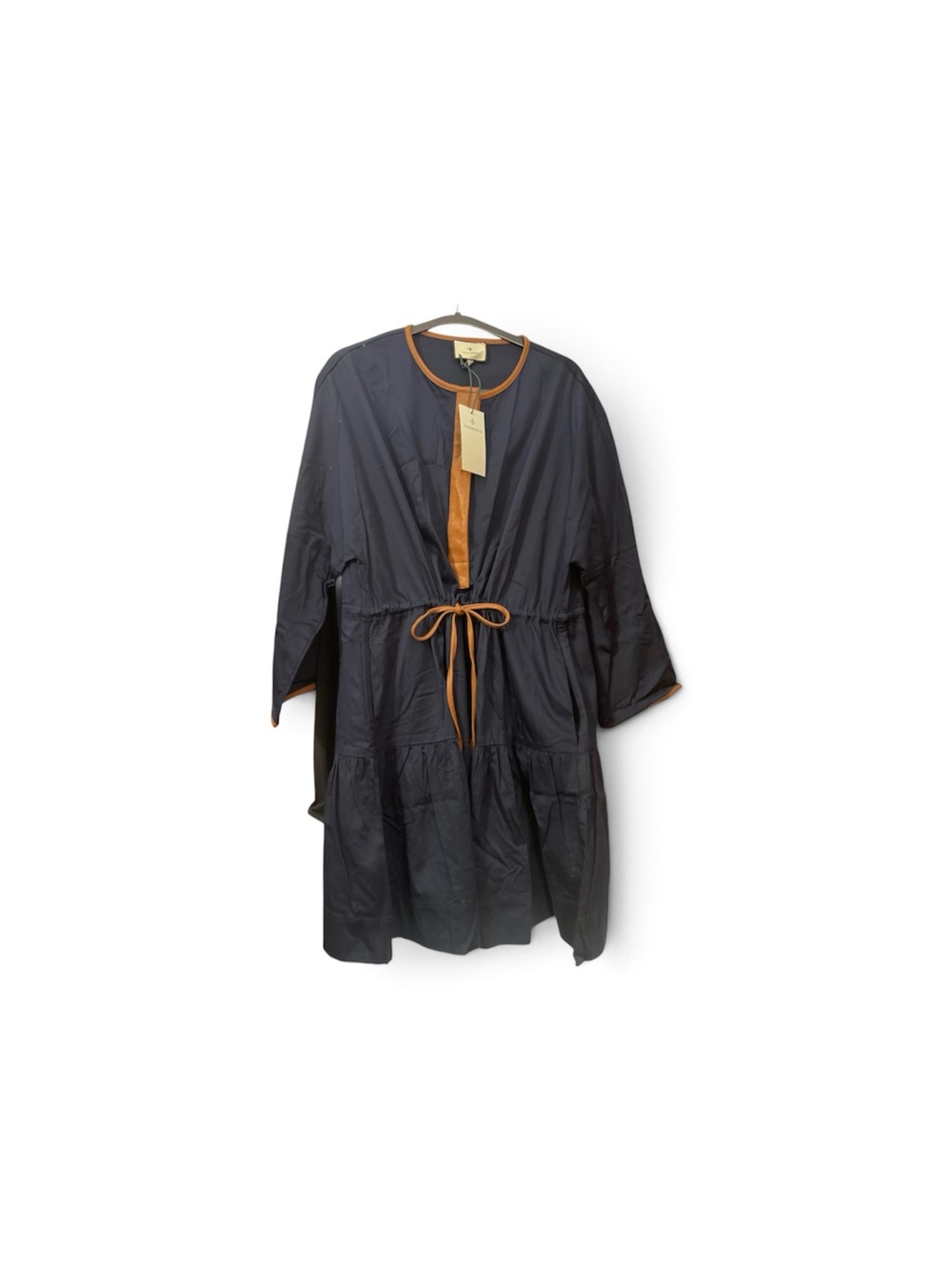 Tuckernuck Navy Tiered Midi Lucy Dress with Brown Contrast Trim